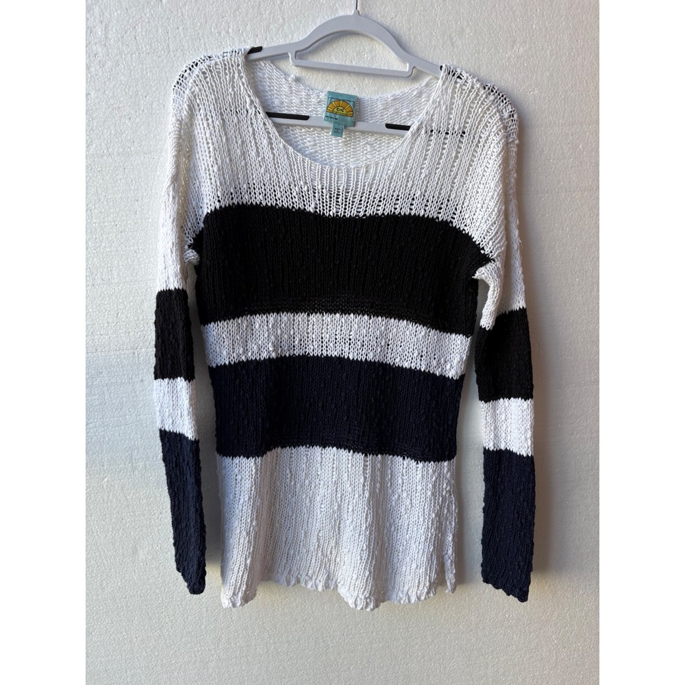 C&C California Open Knit Striped Long Sleeve Scoop Neck Sweater Pullover Top